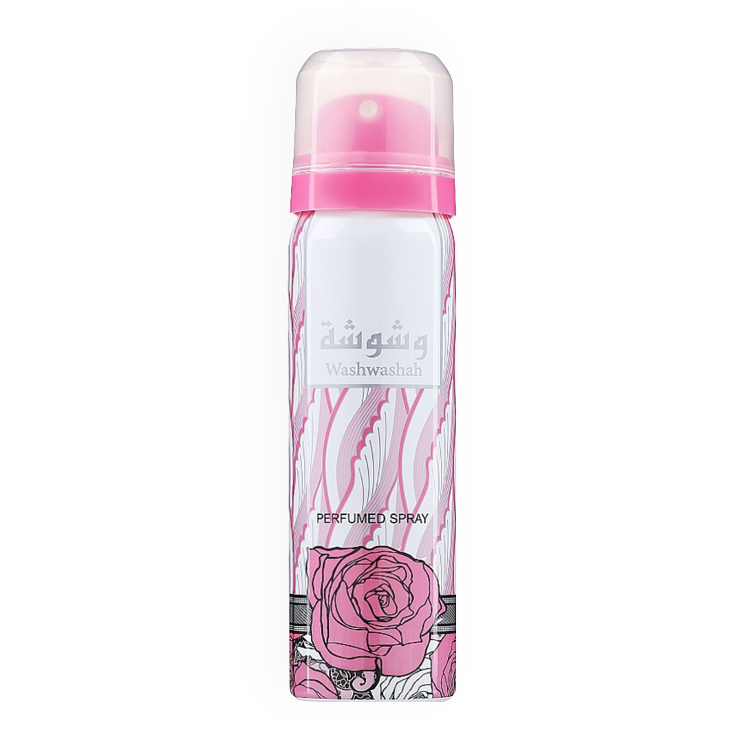 Spray déodorant Washwashah par Lattafa, avec un design floral et rose, complément parfait au parfum Washwashah.