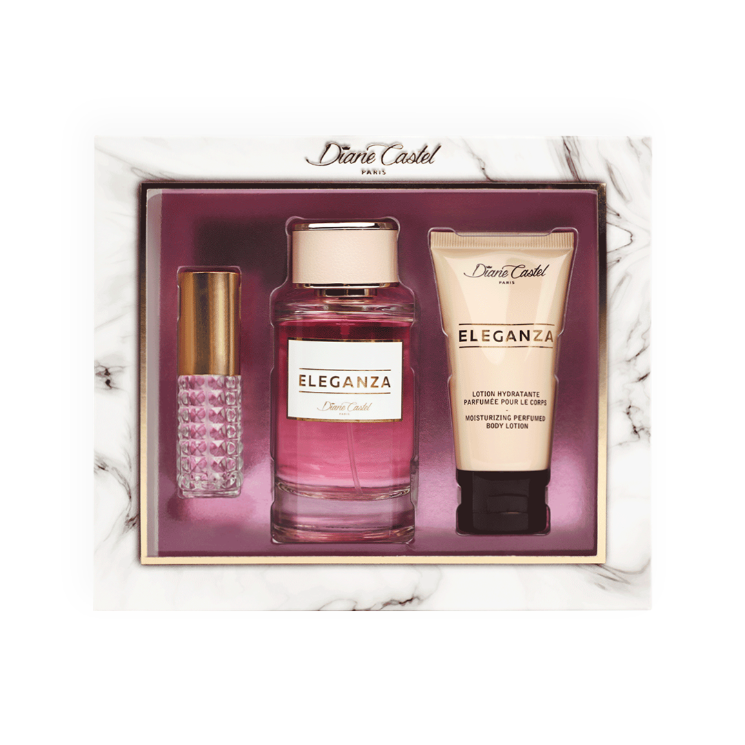 Packshot du coffret cadeau Eleganza par Diane Castel, comprenant un flacon de parfum rose élégant, une lotion hydratante parfumée et un vaporisateur de voyage, présenté dans un élégant emballage avec un fond marbré, parfait pour une touche de luxe et de féminité.
