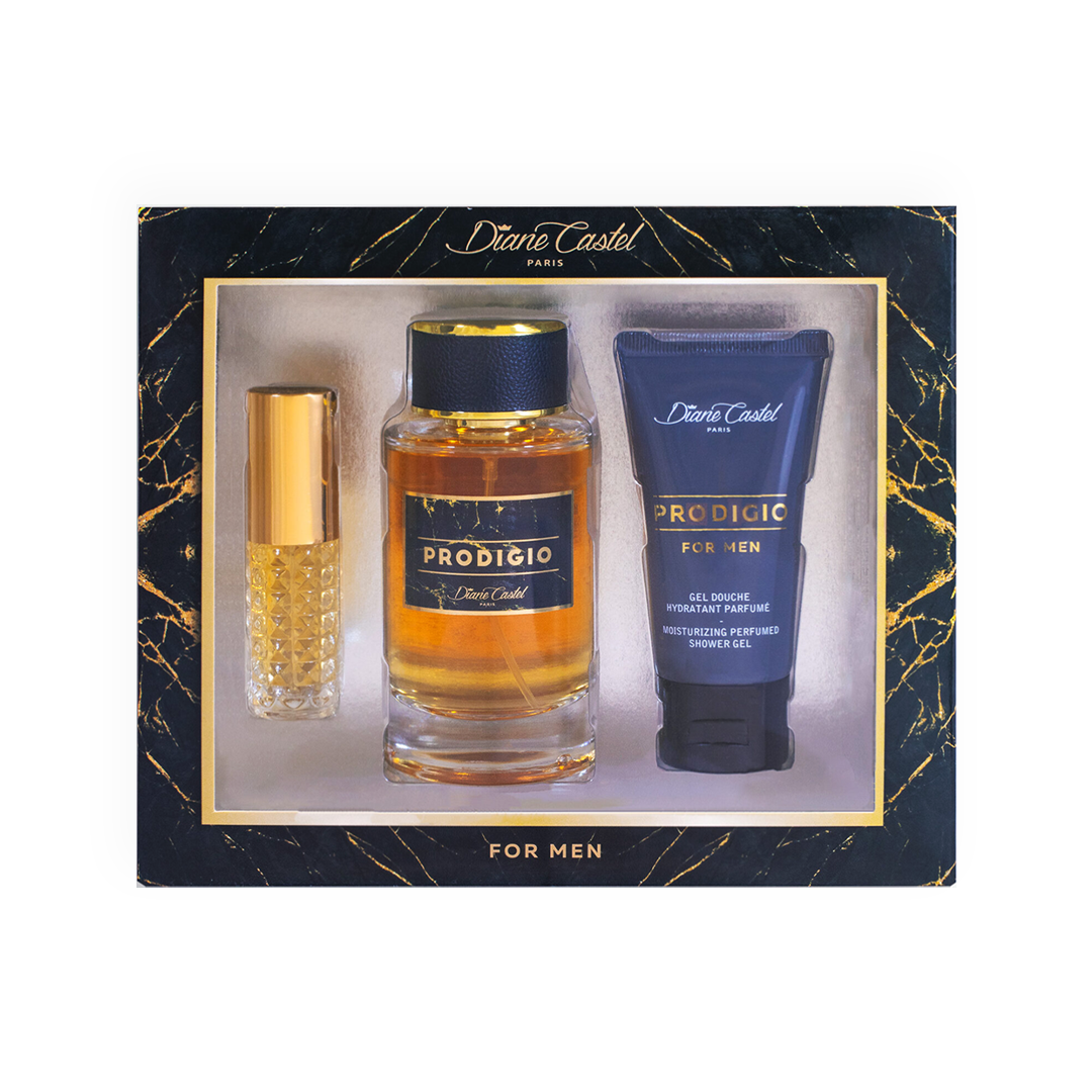 Packshot du coffret cadeau Prodigio For Men par Diane Castel, comprenant un parfum ambré sophistiqué, un gel douche hydratant parfumé et un vaporisateur de voyage doré, présenté dans un coffret noir luxueux aux motifs marbrés dorés, parfait pour un cadeau masculin raffiné.
