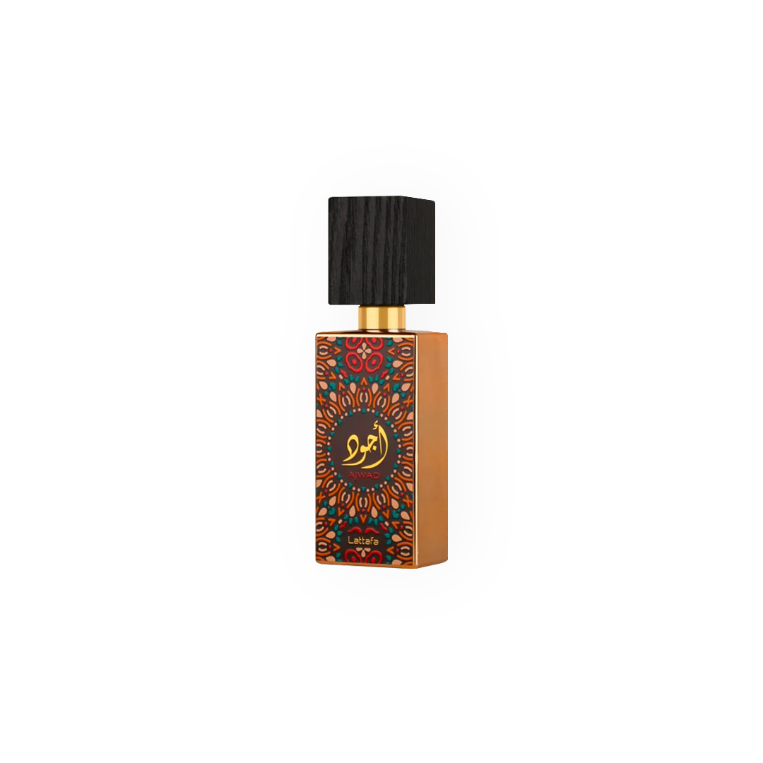 Flacon de parfum Ajwad 60 ml par Lattafa, avec un design rectangulaire orné de motifs orientaux colorés et un bouchon noir en bois, reflétant un style sophistiqué et artisanal.