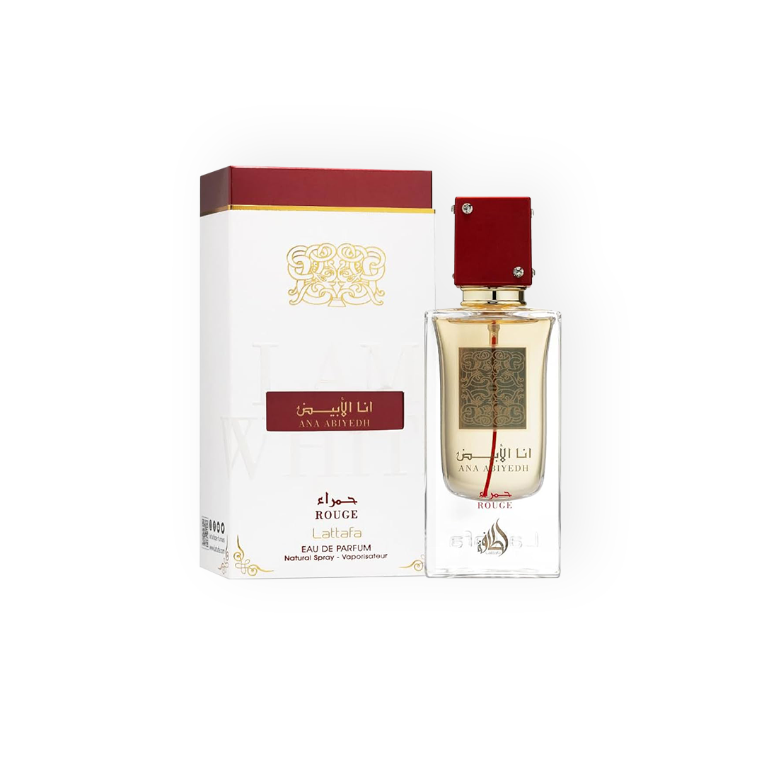 Coffret parfum Ana Abiyedh Rouge 60 ml par Lattafa, présenté dans une élégante boîte blanche avec des accents rouges et dorés.