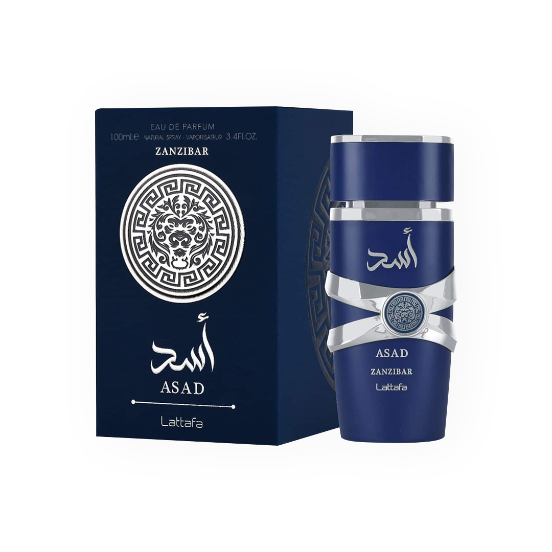 Flacon de parfum Asad Zanzibar 100 ml par Lattafa, accompagné de son emballage bleu marine orné de motifs argentés et élégants.
