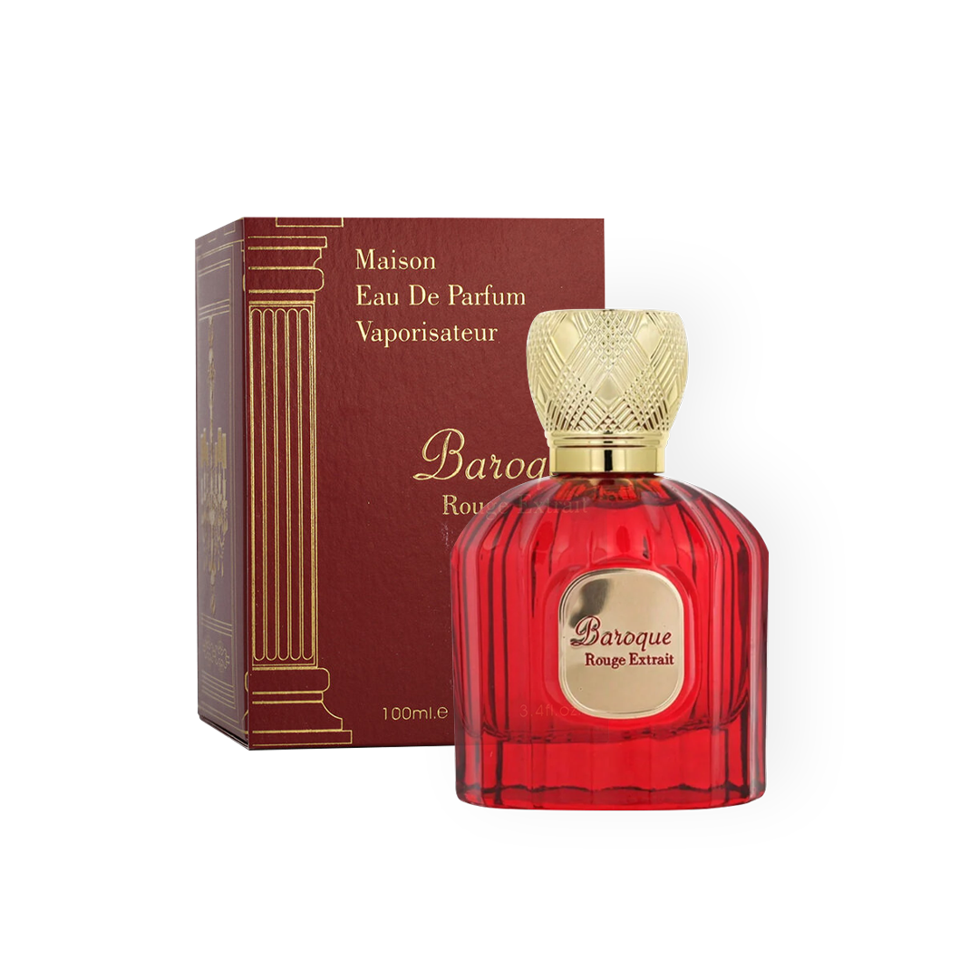 Eau de Parfum Baroque Rouge Extrait 100ml par Maison Alhambra, flacon rouge luxueux avec un bouchon doré, accompagné de son élégant coffret rouge et doré.