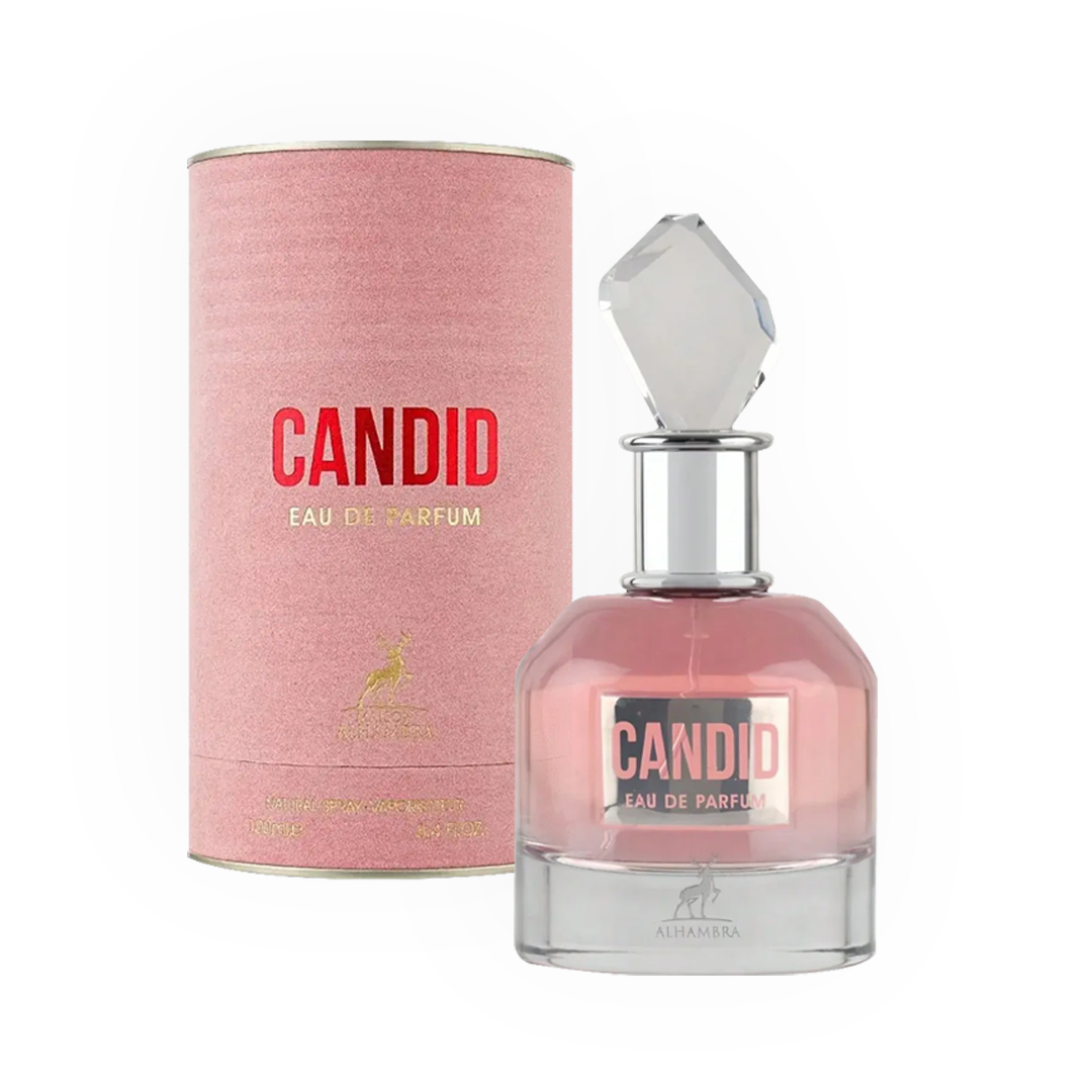 Eau de Parfum Candid 100ml par Maison Alhambra, flacon élégant en verre transparent avec un parfum rose et un bouchon facetté transparent, présenté aux côtés d'un coffret cylindrique rose texturé avec le nom 'Candid' en lettres rouges et dorées.