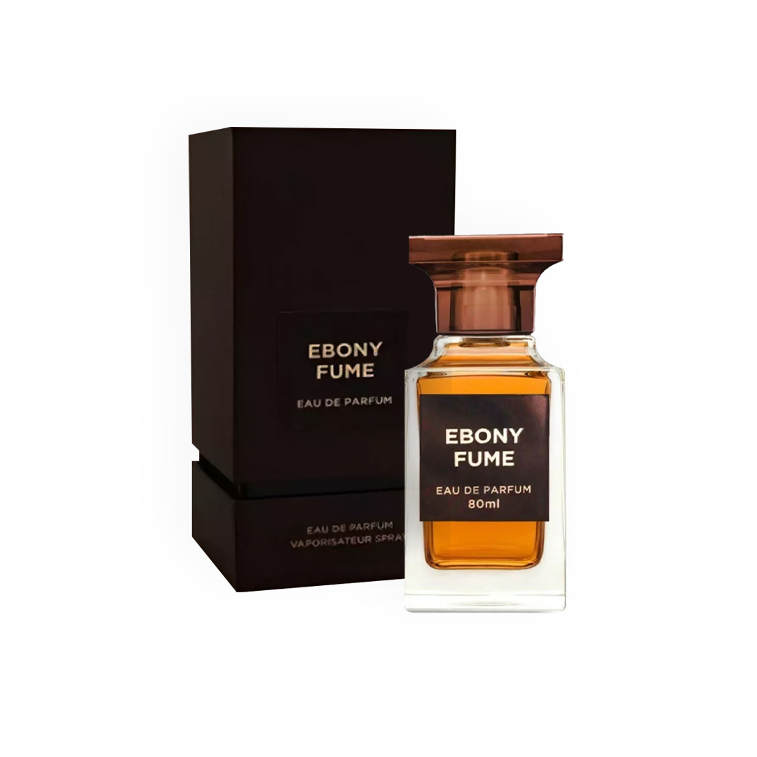 Eau de Parfum Ebony Fume 80ml par Fragrance World, présenté avec son flacon sophistiqué et son coffret noir minimaliste.