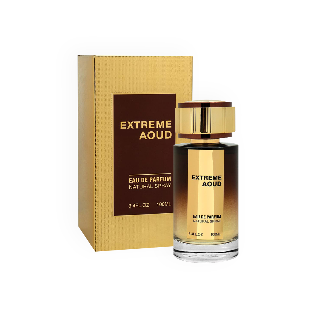 Eau de Parfum Extreme Aoud 100ml - Parfum Fragrance World avec flacon doré élégant.