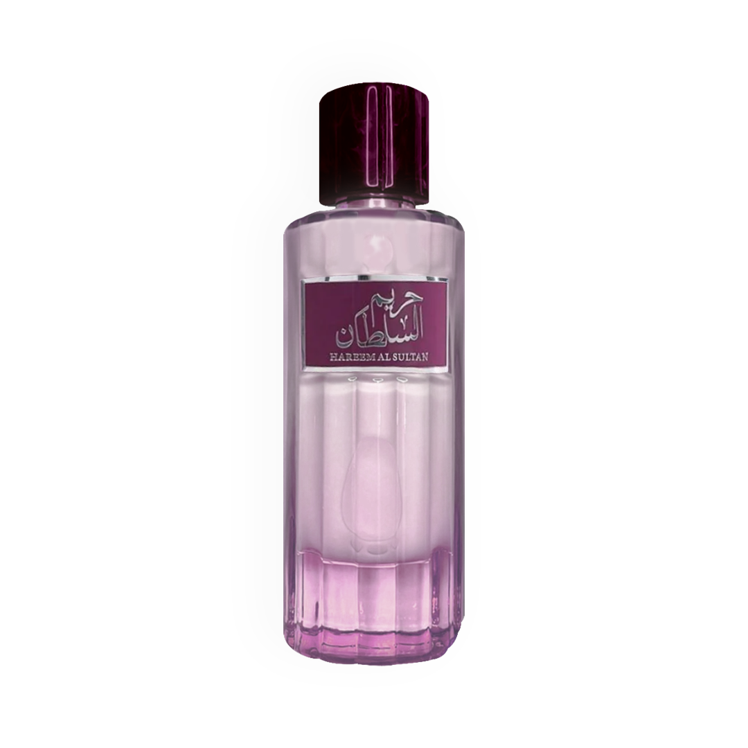 Flacon du parfum Hareem Al Sultan 100 ml par Ard Al Zaafaran, avec un design raffiné en verre rose clair, une étiquette prune élégante et un bouchon assorti, incarnant un style luxueux et féminin.