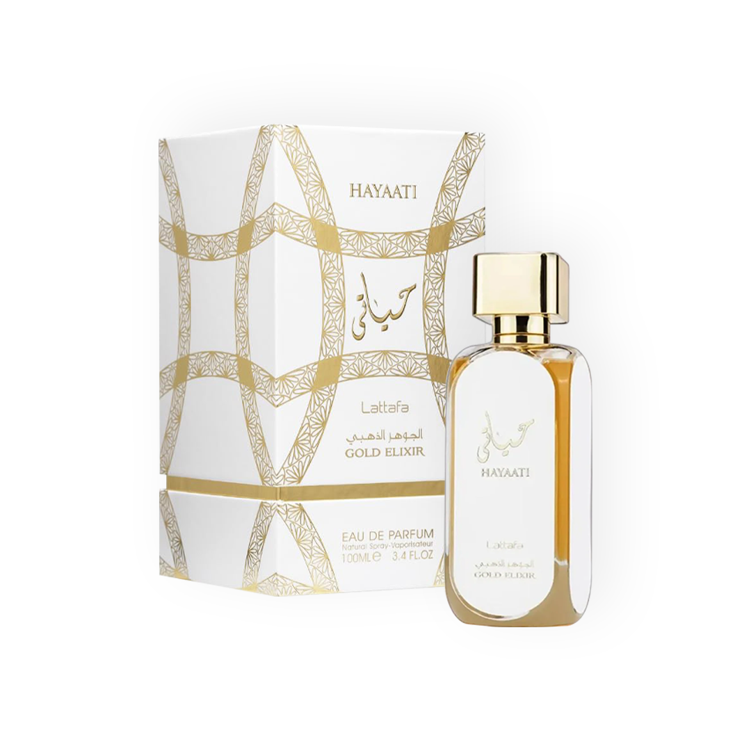 Flacon de parfum Hayaati Gold Elixir 100ml en verre transparent doré avec un design raffiné, accompagné d'un coffret élégant aux motifs entrelacés dorés, signé Lattafa.
