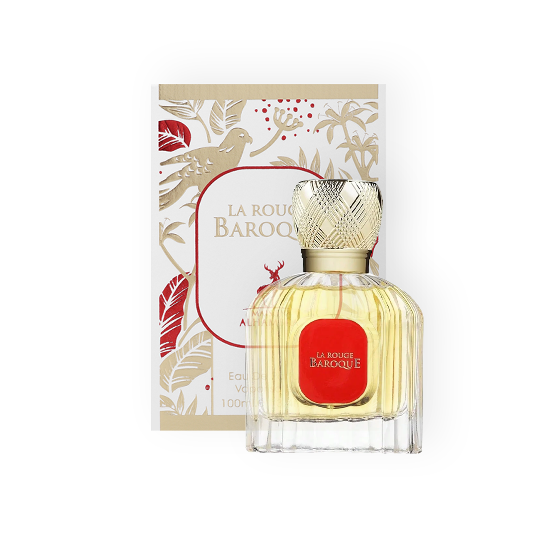 Eau de Parfum La Rouge Baroque 100ml par Maison Alhambra, flacon raffiné en verre transparent avec une étiquette rouge et un bouchon doré, accompagné d'un coffret blanc décoré de motifs botaniques dorés et rouges.