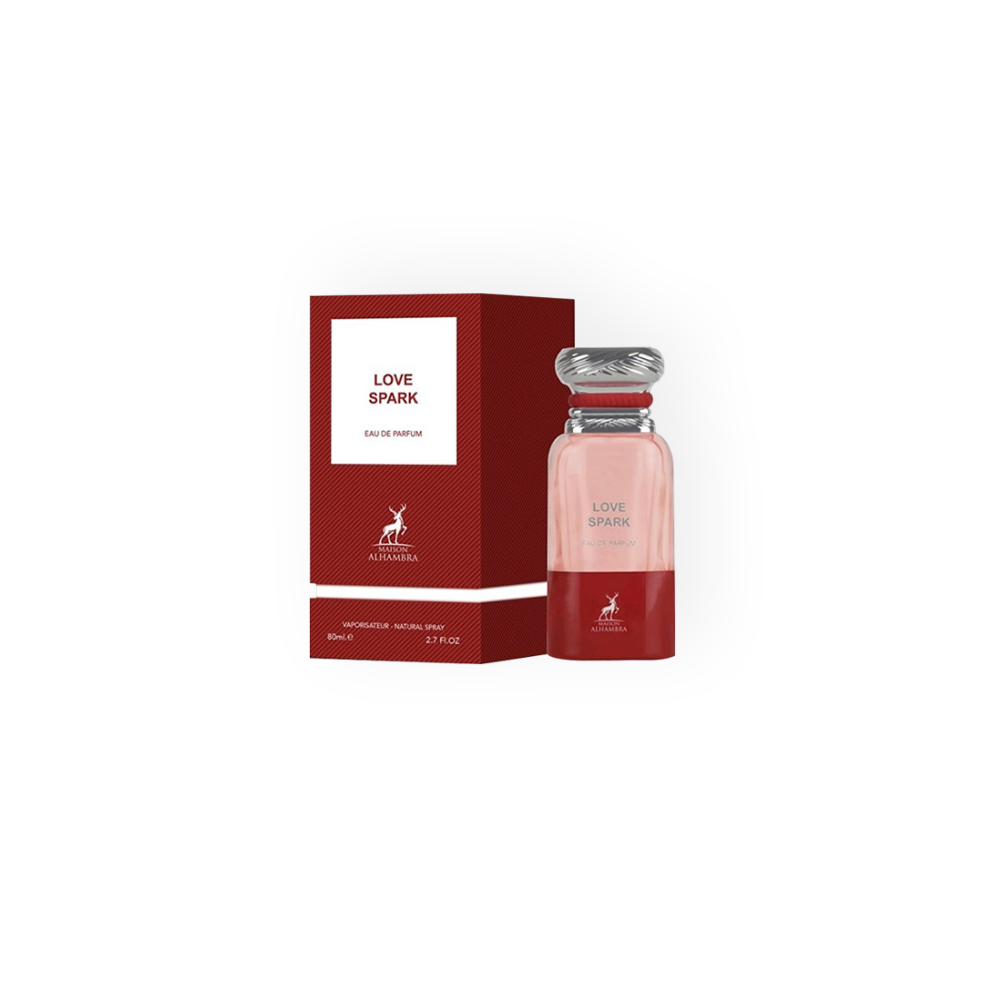 Eau de Parfum Love Spark 80ml par Maison Alhambra, flacon en dégradé rose pâle et rouge avec un bouchon torsadé argenté, accompagné d'un coffret rouge foncé orné d'une étiquette blanche indiquant 'Love Spark' en lettres rouges.