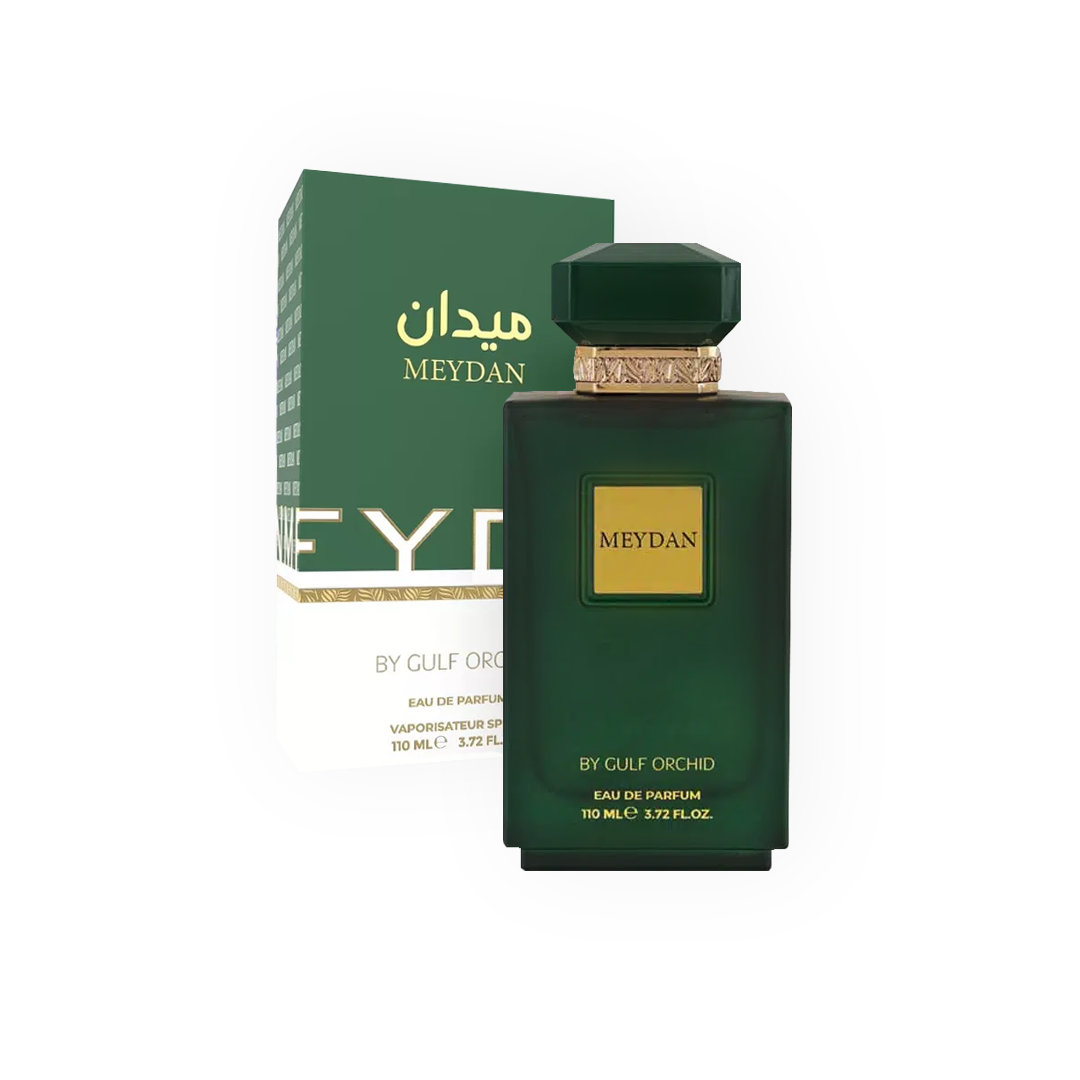 Image du flacon et de la boîte de l'Eau de Parfum Meydan 110ml par Gulf Orchid, un parfum élégant présenté dans un flacon vert profond et une boîte assortie.