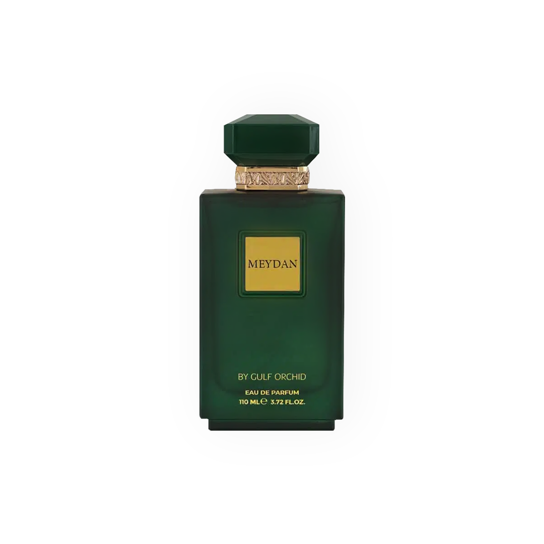 Image du flacon de l'Eau de Parfum Meydan 110ml par Gulf Orchid, affichant un design en verre fumé vert profond avec des détails dorés.