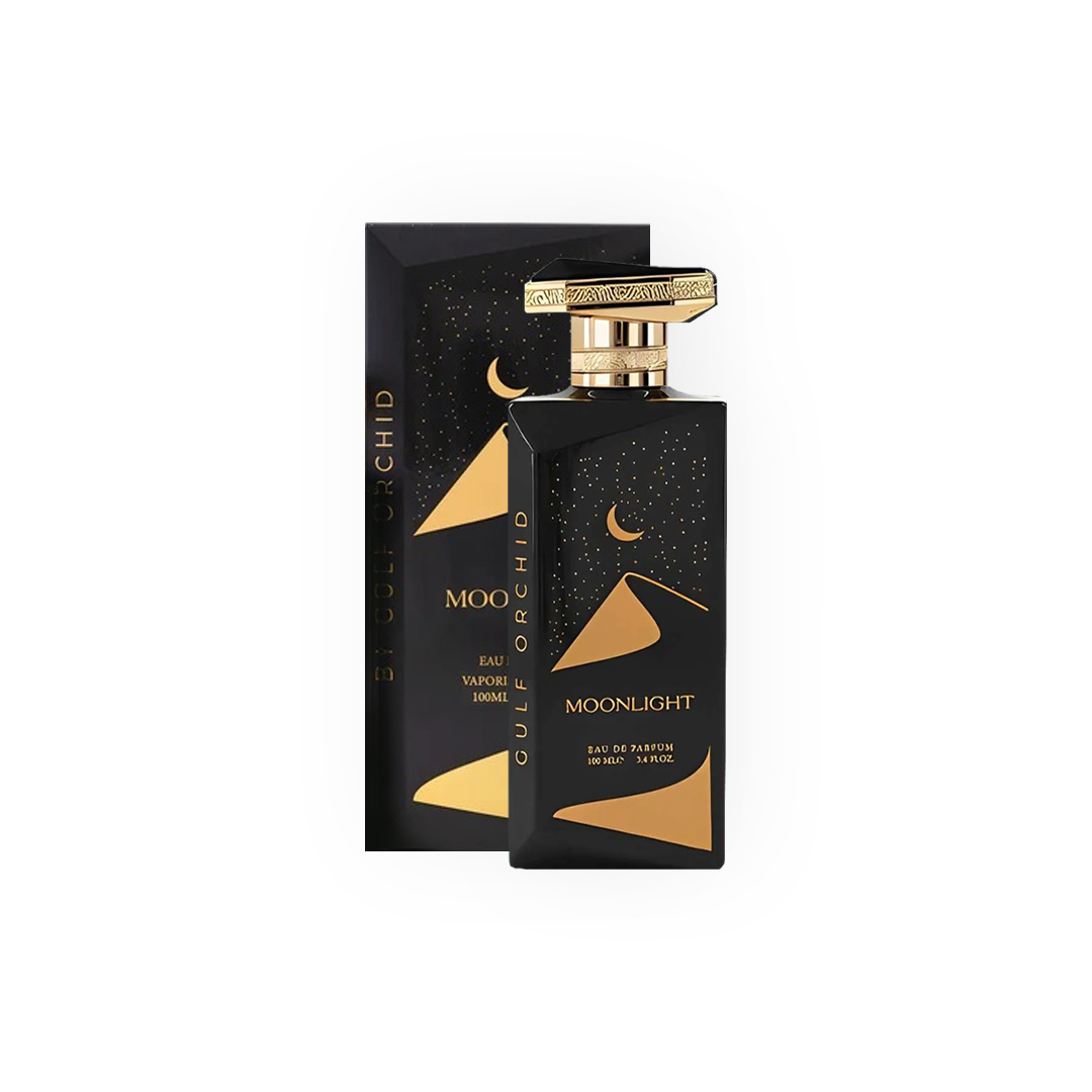 Présentation complète du parfum "Moonlight" de Gulf Orchid, avec sa boîte noire ornée de détails dorés et une lune stylisée, accompagné de sa bouteille sophistiquée de 100 ml.