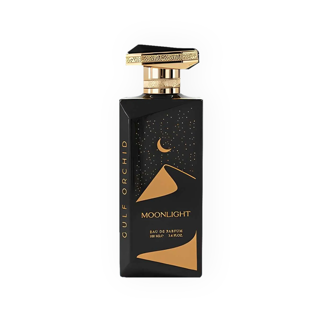 Une élégante bouteille de parfum noire et dorée "Moonlight" de Gulf Orchid, avec un design de lune et dunes, contenant 100 ml d'Eau de Parfum.