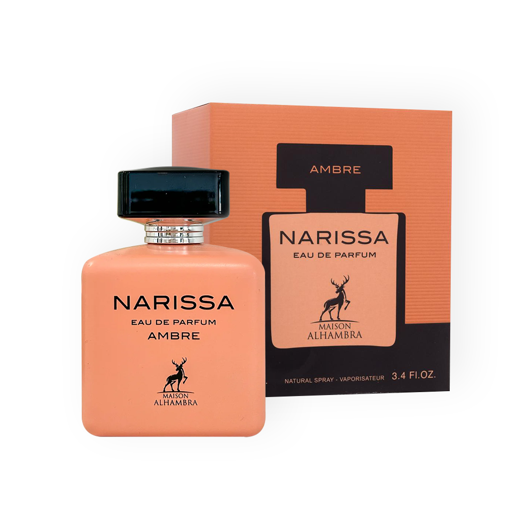 Flacon de parfum Narissa Ambre 100 ml, accompagné de son emballage orange raffiné, signé Maison Alhambra.