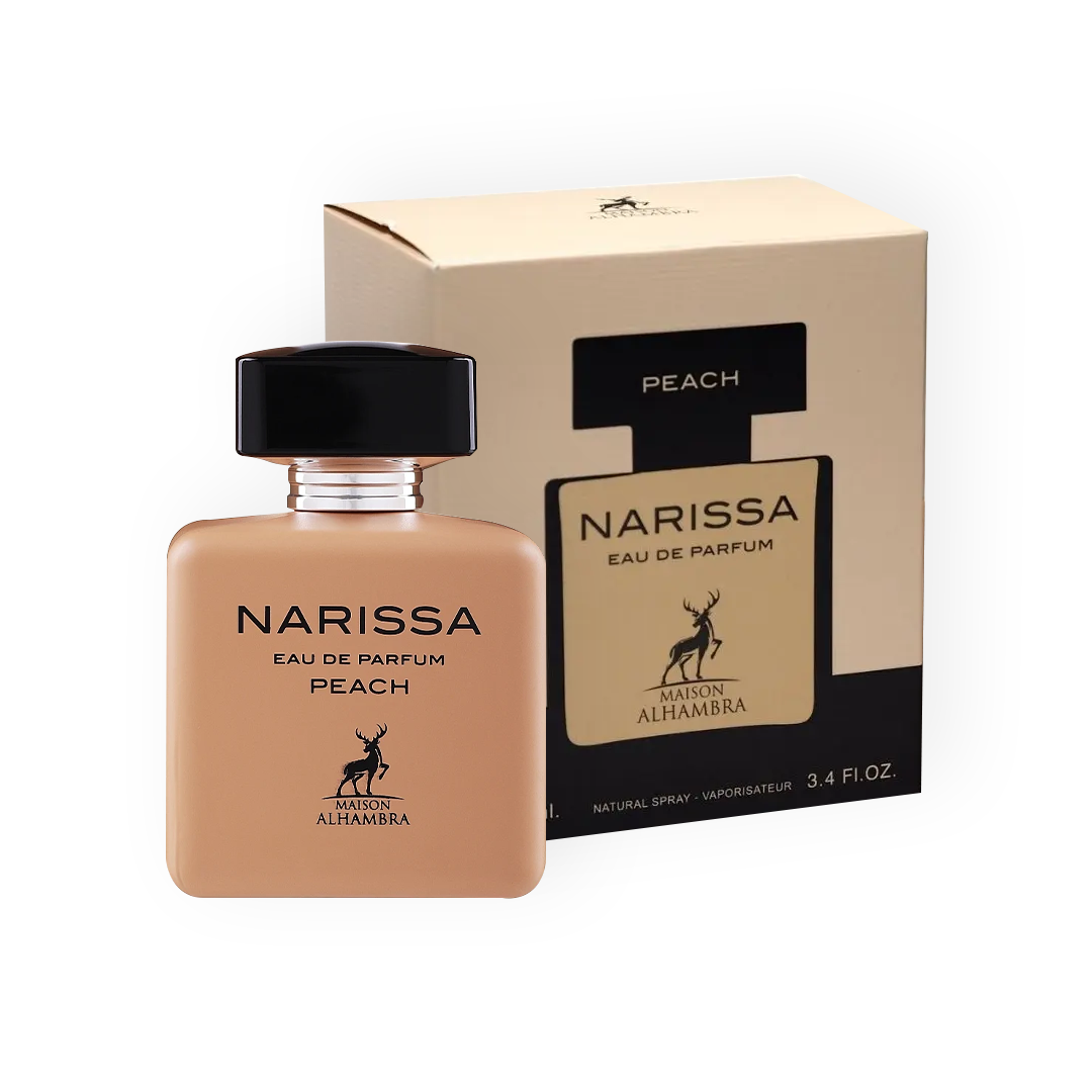 Flacon de parfum Narissa Peach 100 ml avec un design élégant, accompagné de son emballage beige, de la marque Maison Alhambra.
