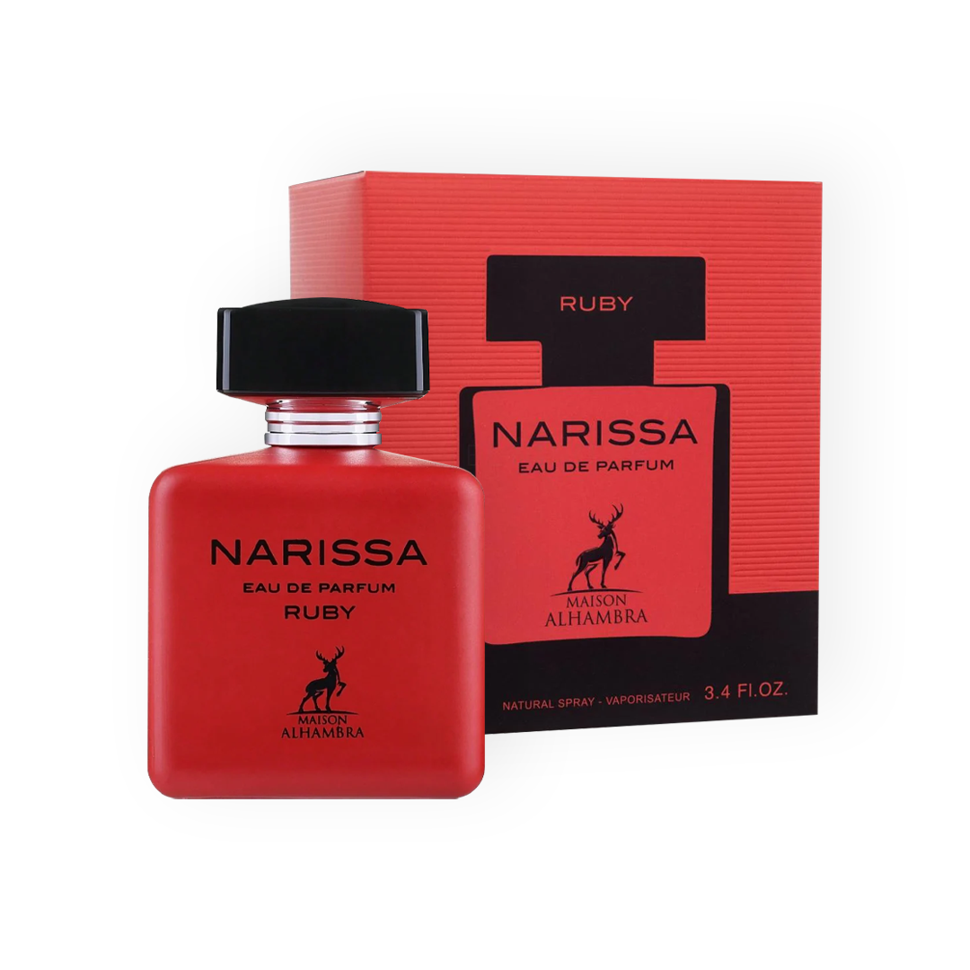 Flacon de parfum Narissa Ruby 100 ml avec un design rouge éclatant, accompagné de son emballage assorti, de la marque Maison Alhambra.