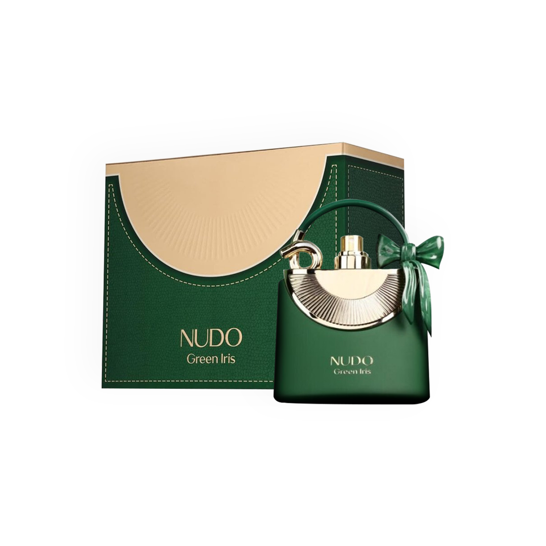 Coffret de parfum Nudo Green Iris 100ml par Fragrance World, flacon vert accompagné de son emballage assorti.