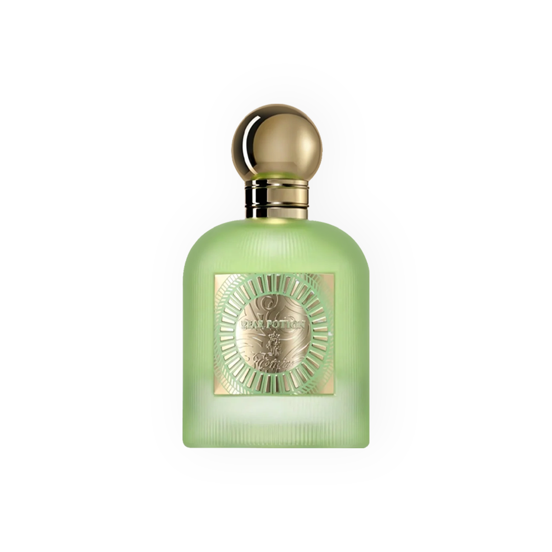 Flacon de parfum Pear Potion 100ml par Emir Paris Corner, élégant et raffiné, présenté en bouteille verte ornée de détails dorés.