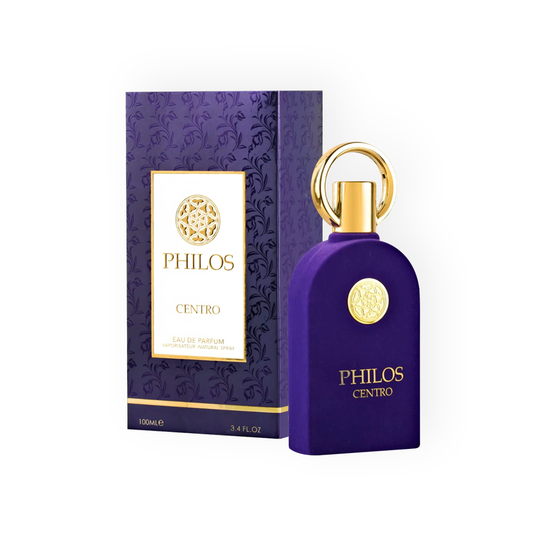 Flacon de parfum Philos Centro 100 ml avec un design violet élégant, orné de détails dorés, accompagné de son emballage raffiné, de la marque Maison Alhambra.