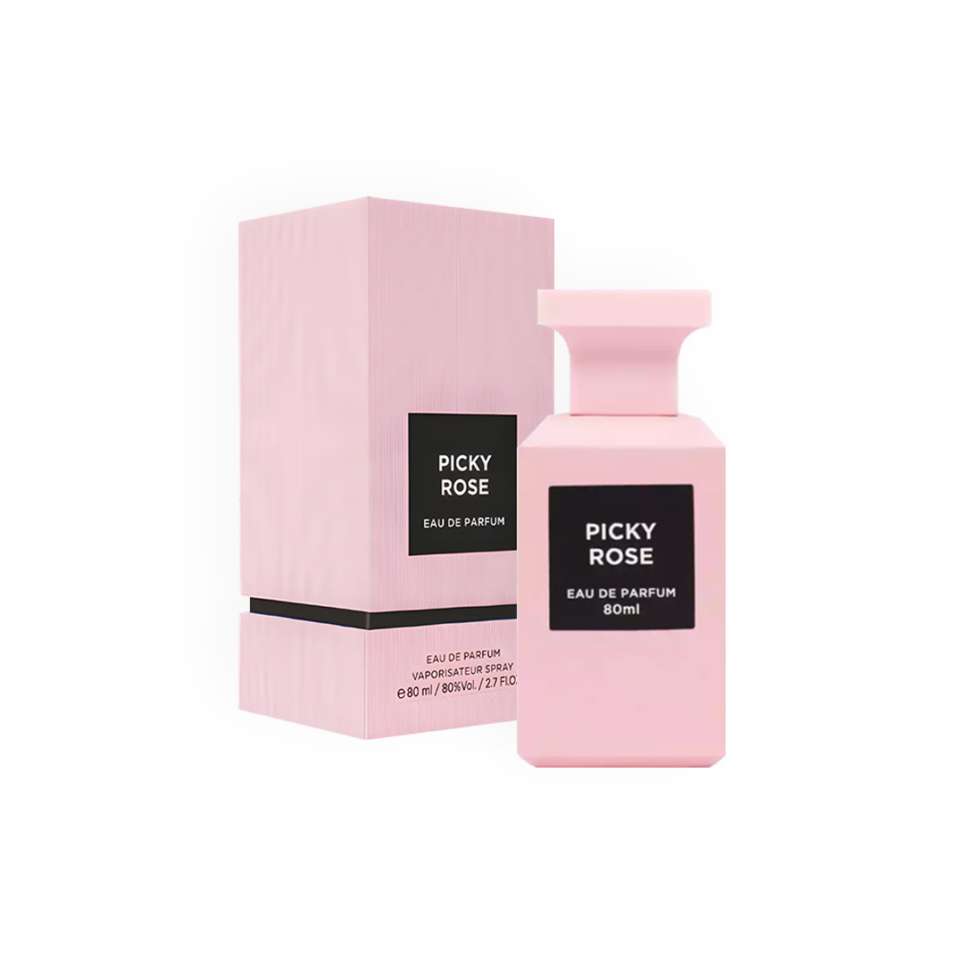 Image du packshot de l'Eau de Parfum Picky Rose 80ml par Fragrance World, montrant la bouteille et l'emballage.