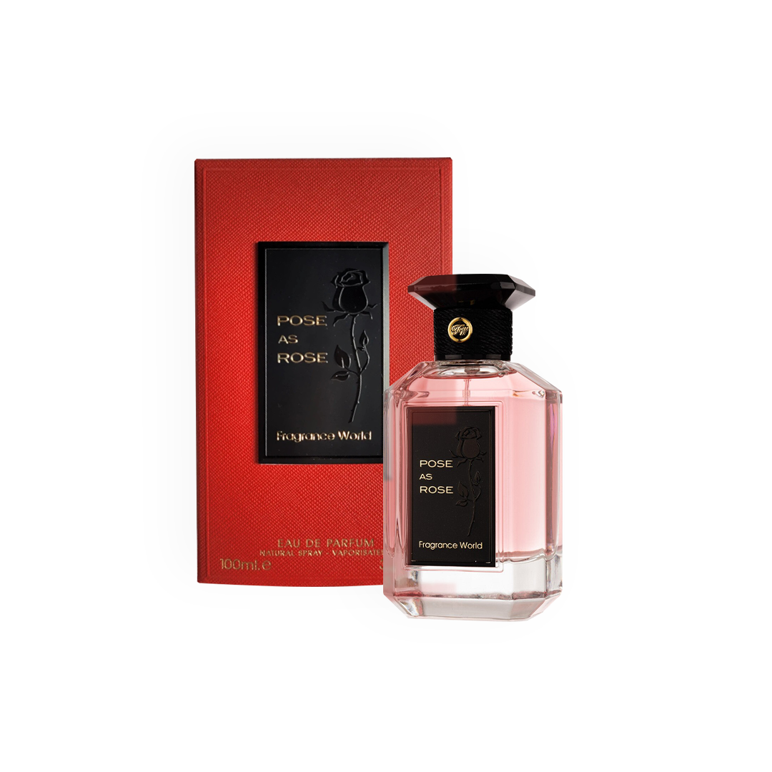 Eau de Parfum Pose as Rose 100ml par Fragrance World, flacon rose élégant accompagné de son emballage rouge et noir raffiné.