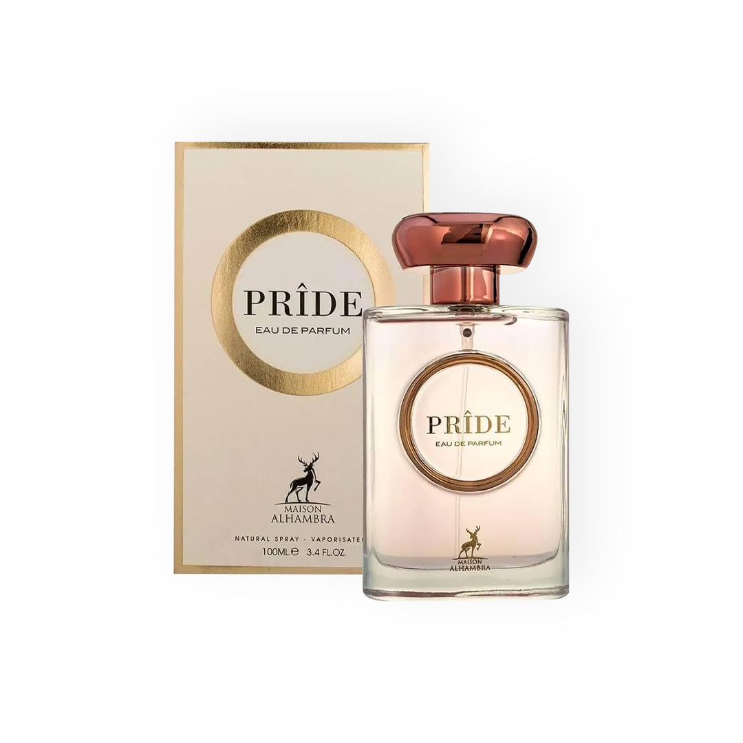 Flacon de parfum Pride 100 ml avec un design transparent raffiné, couronné d’un bouchon rose doré, accompagné de son emballage élégant aux accents dorés, de la marque Maison Alhambra.
