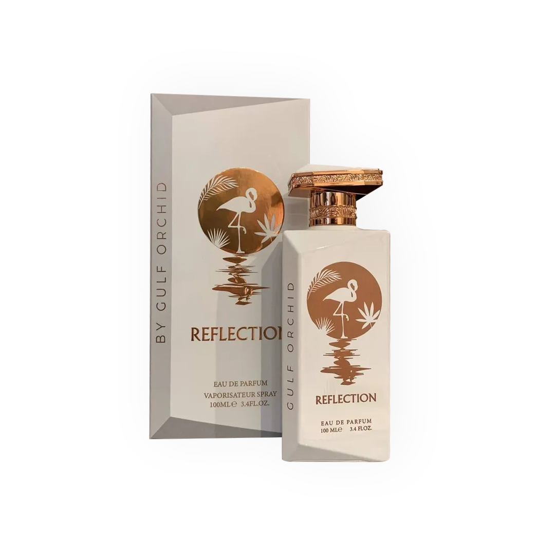 Parfum Gulf Orchid Reflection 100ml avec son coffret blanc, illustré d'un flamant rose doré et des éléments naturels.