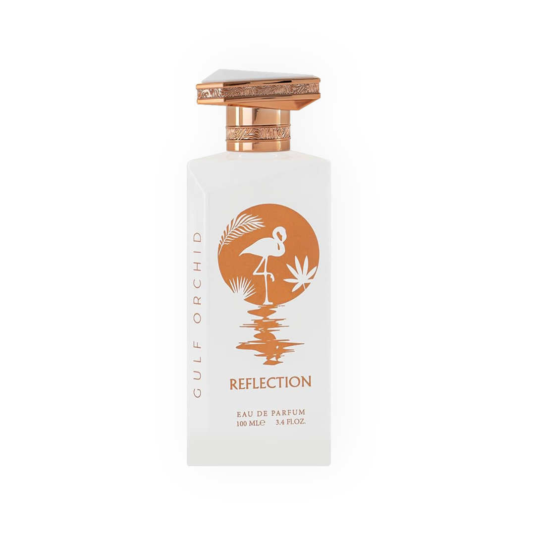 Flacon de parfum blanc Gulf Orchid Reflection 100ml avec des détails dorés et un design de flamant rose.