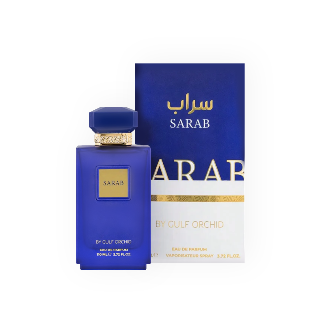 Eau de Parfum Sarab 110ml par Gulf Orchid, flacon bleu et boîte assortie avec texte en or et arabe.