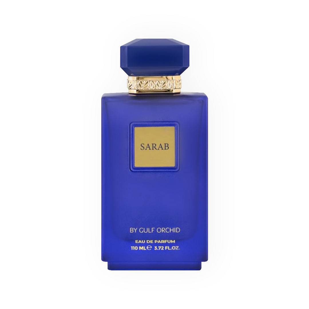 Flacon de l'Eau de Parfum Sarab 110ml par Gulf Orchid, de couleur bleue avec des détails dorés.