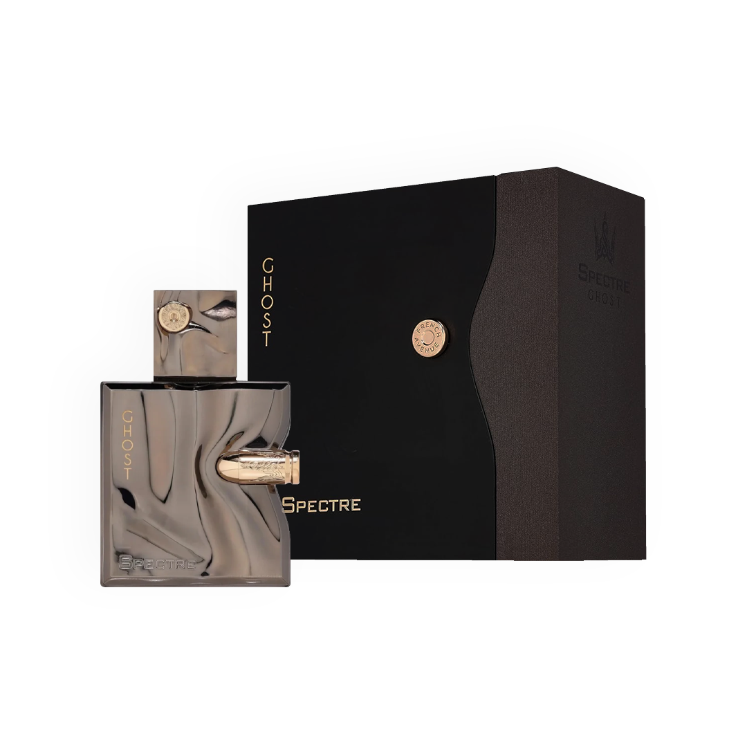 Vue de face du flacon de parfum Spectre Ghost par French Avenue avec son design métallique élégant et sa boîte noire assortie.