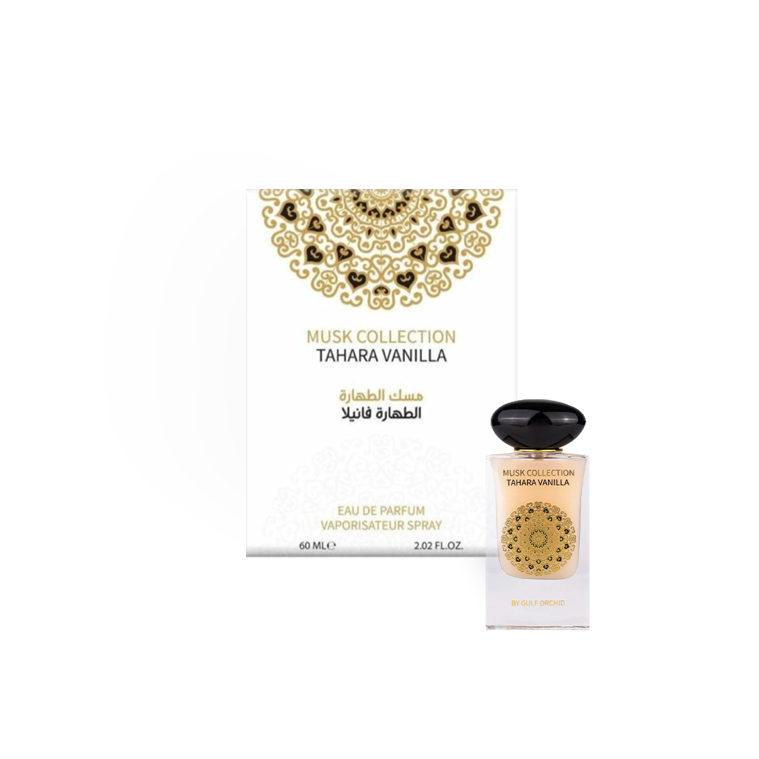 Eau de Parfum Tahara Vanilla Musk 60ml par Gulf Orchid, flacon élégant accompagné de sa boîte blanche ornée de motifs dorés sophistiqués.