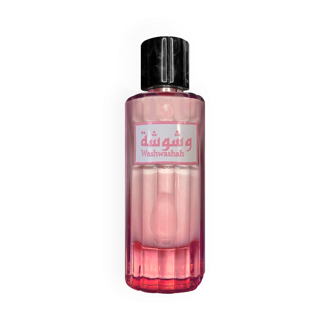 Flacon du parfum Washwashah 100 ml par Ard Al Zaafaran, avec un design en verre rose délicat, une étiquette argentée et rose élégante, et un bouchon noir brillant, reflétant la féminité et la modernité.