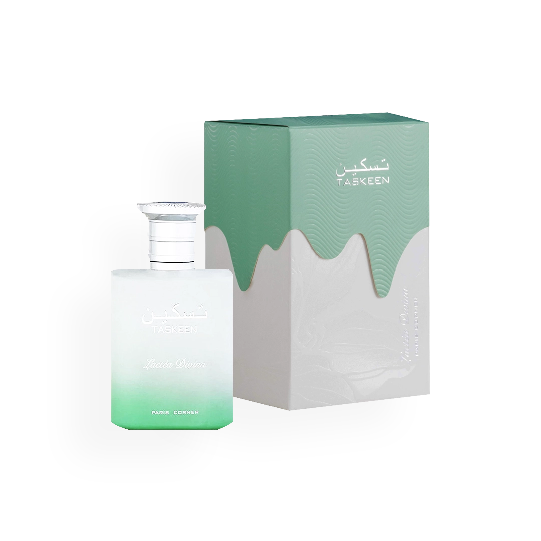 Image du parfum Taskeen Lactea Divina 100ml de Paris Corner, présenté avec un flacon dégradé de blanc vers le vert et un bouchon blanc élégant, accompagné de son emballage aux motifs ondulés et d'une couleur assortie.