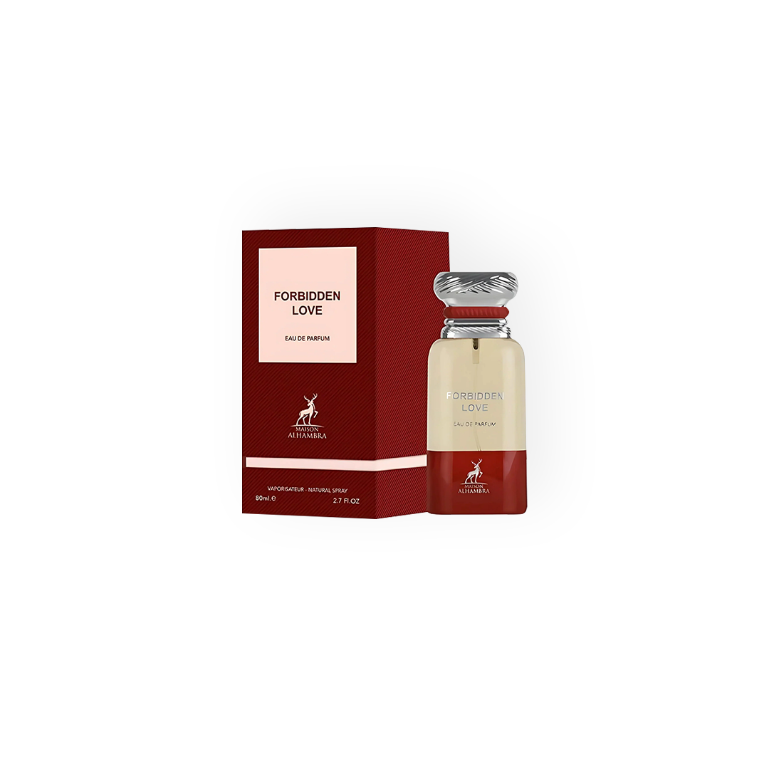 Eau de Parfum Forbidden Love 80ml par Maison Alhambra, flacon dégradé ivoire et rouge avec un bouchon torsadé argenté, présenté avec un coffret rouge foncé orné d'une étiquette blanche et du nom 'Forbidden Love' en noir.