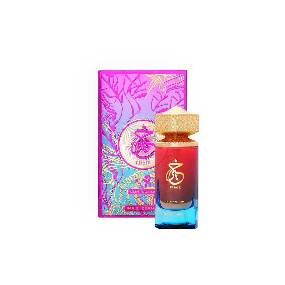 Flacon et boîte du parfum Khair Confection 100ml de Paris Corner, avec des tons rouges et dorés, et une boîte au design holographique floral.