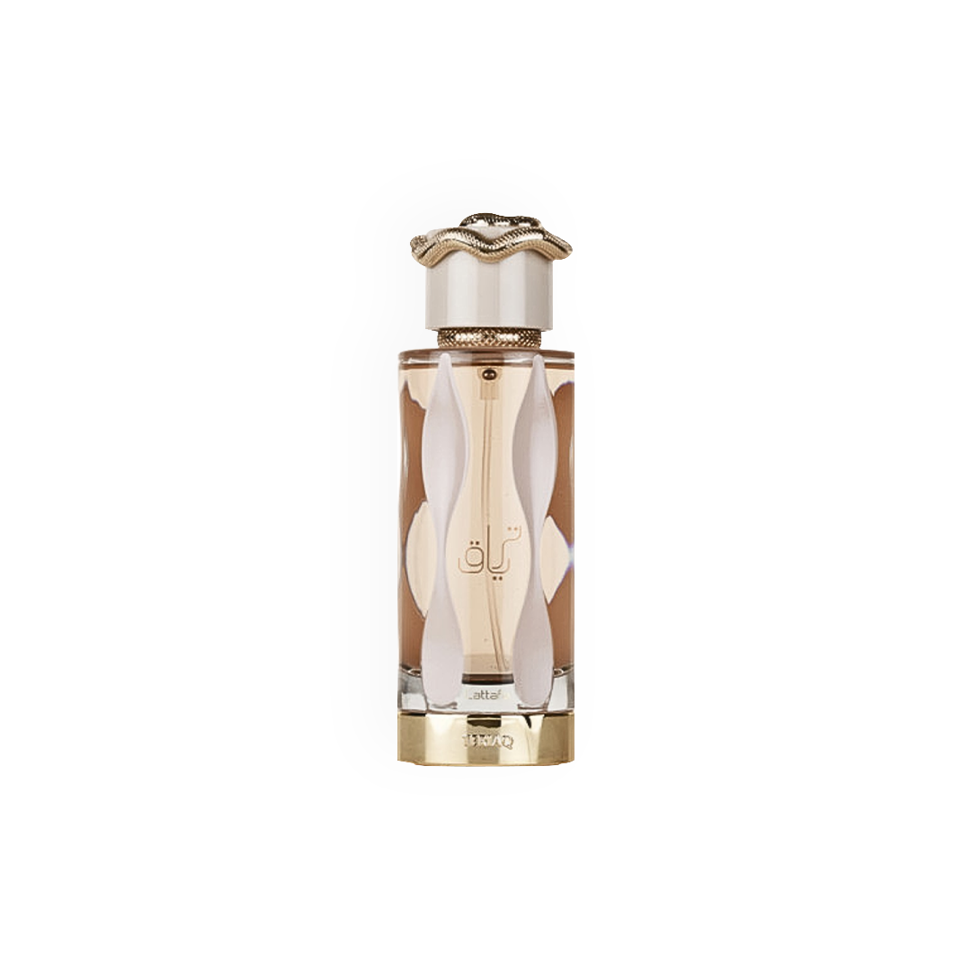 Flacon élégant du parfum Teriaq 100ml par Lattafa, aux motifs dorés et blancs, représentant le luxe et la sophistication.