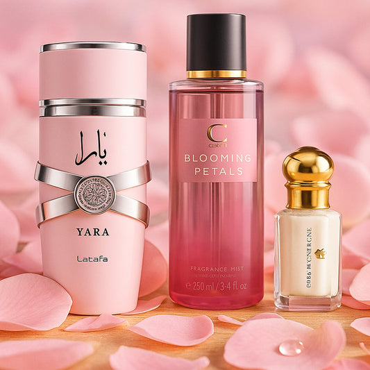 Coffret Floral Parfumé : Brume Blooming Petals, Musc Floral Montaigne 5ml & Parfum Yara 100ml Gris Montaigne