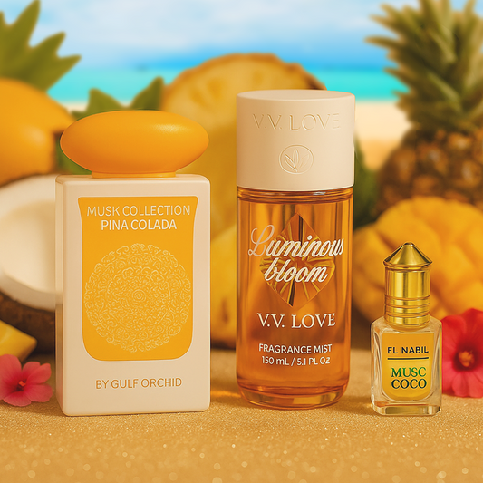 Coffret Parfumé Tropical : Vv Love Luminous Bloom, Musc Coco El Nabil 5ml & Musk Tahara Piña Colada El Nabil